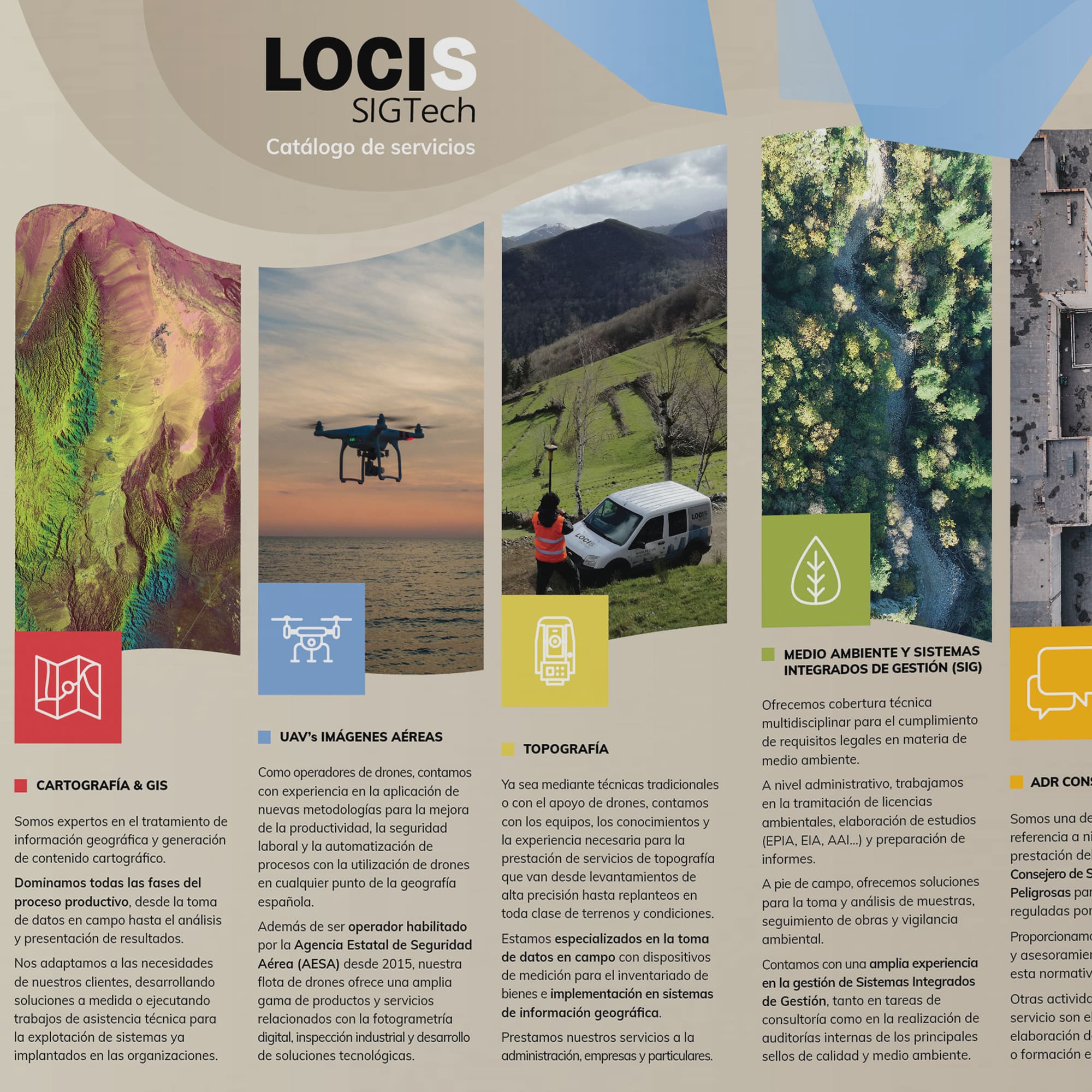 Diseño de folleto para Locis. Interior del catálogo de servicios de la empresa Locis