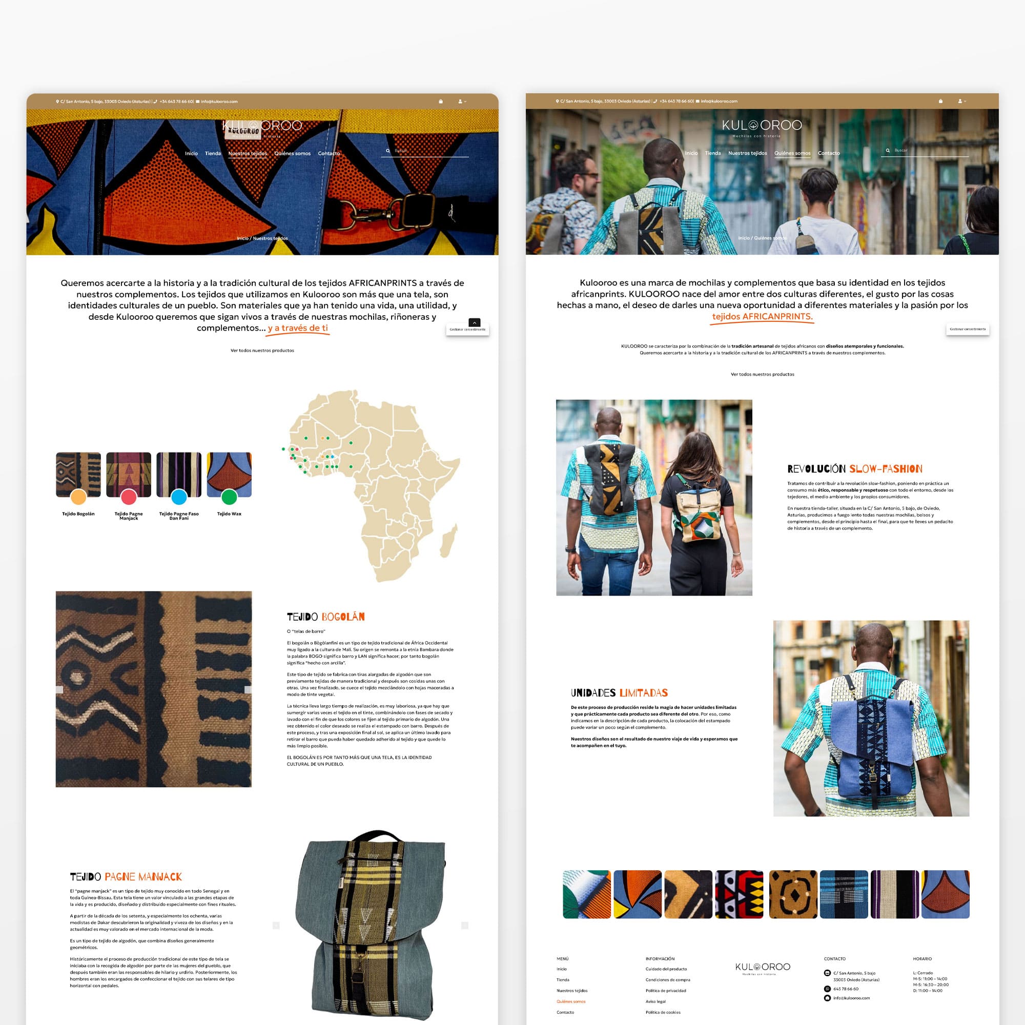 Kulooroo African Print, mochilas y complementos con telas africanas. Diseño de distintas secciones de la web y tienda online en versión escritorio